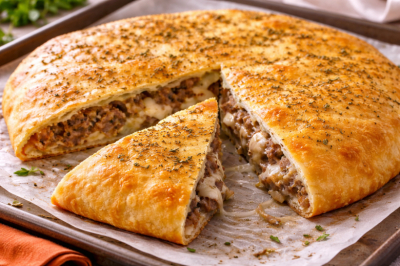 Никакого больше курника: итальянский пирог с мясом и сыром на тонком хрустящем тесте &mdash; сочный внутри и румяный снаружи