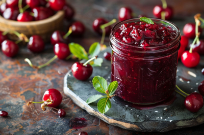 Варю вишню до загустения и разливаю по банкам: густой рубиновый десерт с мятной свежестью
